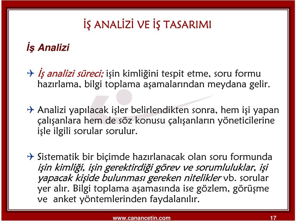 Sistematik bir biçimde hazırlanacak olan soru formunda işin in kimliği, i, işin in gerektirdiği i görev ve sorumluluklar, işi yapacak kişide ide