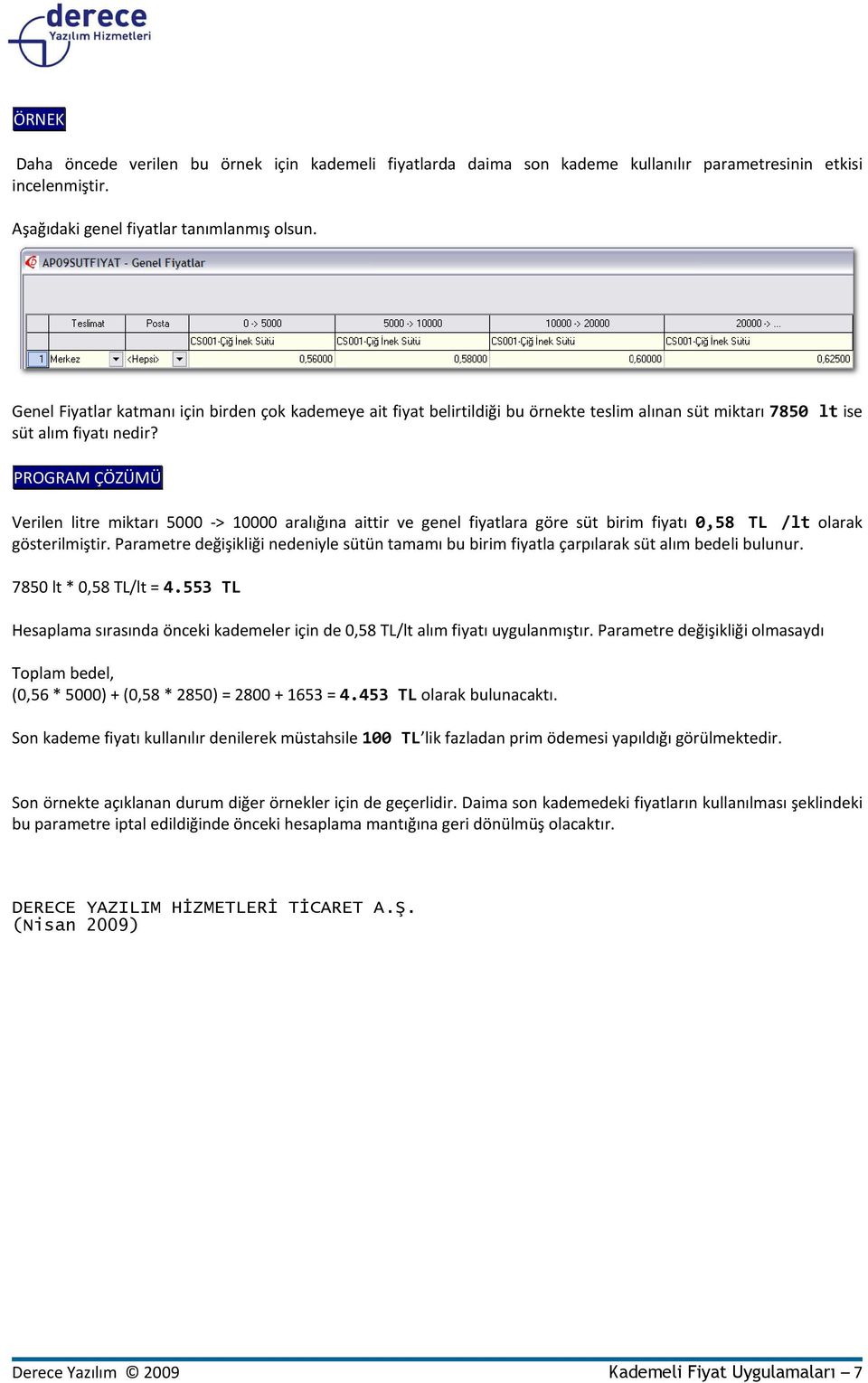 Verilen litre miktarı 5000 -> 10000 aralığına aittir ve genel fiyatlara göre süt birim fiyatı 0,58 TL /lt olarak gösterilmiştir.