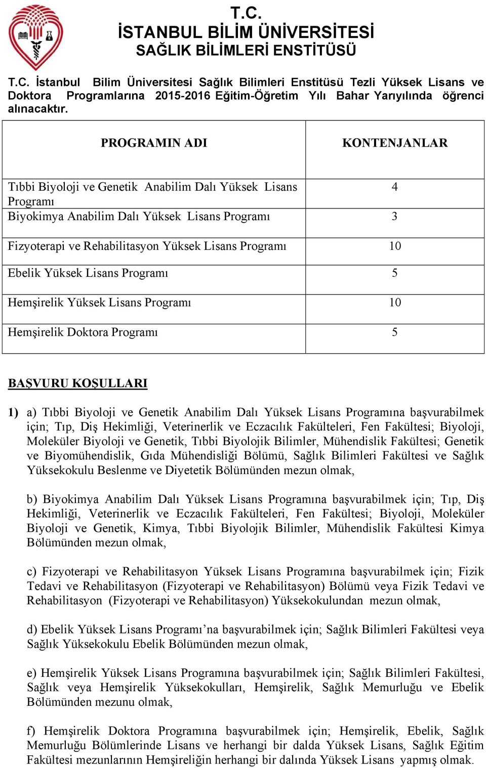 Ebelik Yüksek Lisans Programı 5 Hemşirelik Yüksek Lisans Programı 10 Hemşirelik Doktora Programı 5 BAŞVURU KOŞULLARI 1) a) Tıbbi Biyoloji ve Genetik Anabilim Dalı Yüksek Lisans Programına