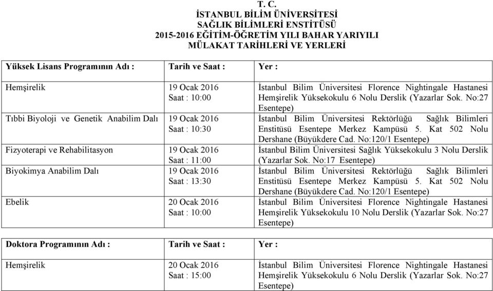 Yüksekokulu 6 Nolu Derslik (Yazarlar Sok. No:27 İstanbul Bilim Üniversitesi Rektörlüğü Sağlık Bilimleri Enstitüsü Esentepe Merkez Kampüsü 5. Kat 502 Nolu Dershane (Büyükdere Cad.