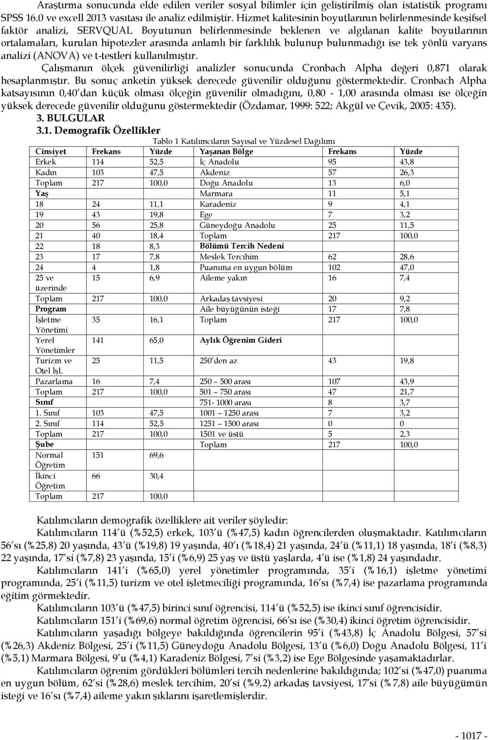 bir farklılık bulunup bulunmadığı ise tek yönlü varyans analizi (ANOVA) ve t-testleri kullanılmıştır.