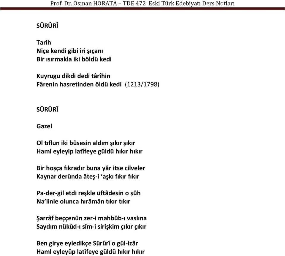 itse cilveler Kaynar derûnda âteş-i aşkı fıkır fıkır Pa-der-gil etdi reşkle üftâdesin o şûh Na linle olunca hırâmân tıkır tıkır Şarrâf