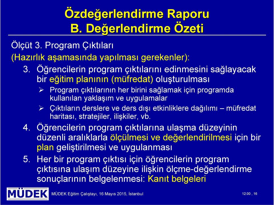 uygulamalar Çıktıların derslere ve ders dışı etkinliklere dağılımı müfredat haritası, stratejiler, ilişkiler, vb. 4.