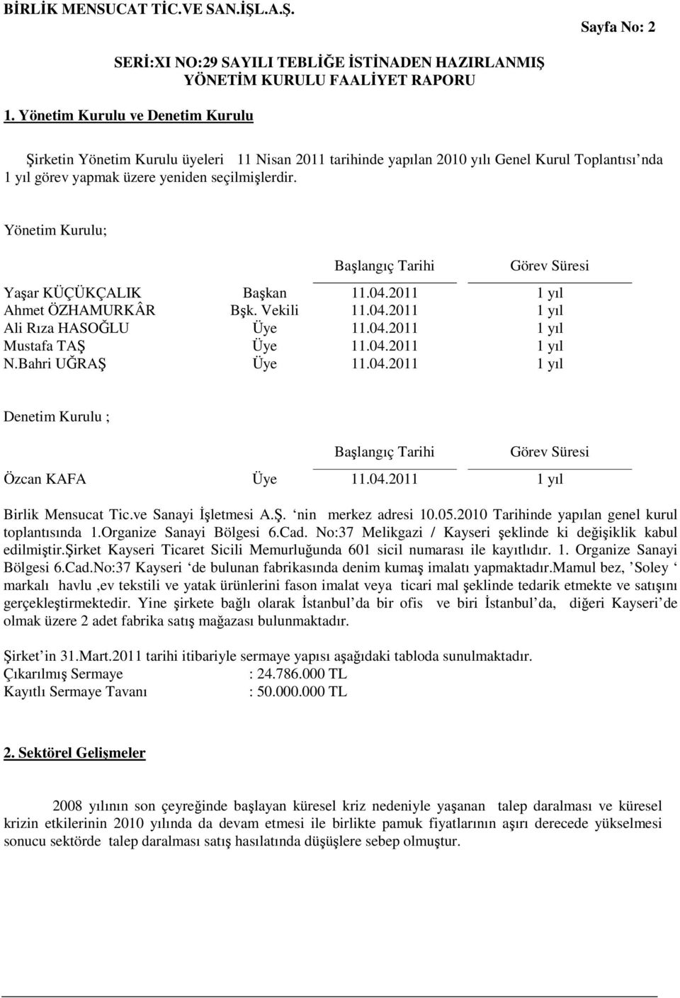 Bahri UĞRAŞ Üye 11.04.2011 1 yıl Denetim Kurulu ; Başlangıç Tarihi Görev Süresi Özcan KAFA Üye 11.04.2011 1 yıl Birlik Mensucat Tic.ve Sanayi İşletmesi A.Ş. nin merkez adresi 10.05.