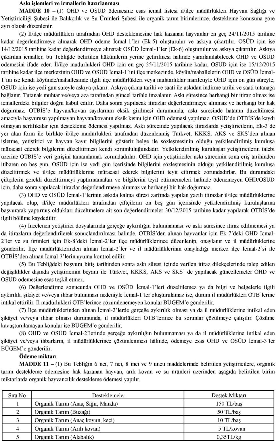 (2) İl/ilçe müdürlükleri tarafından OHD desteklemesine hak kazanan hayvanlar en geç 24/11/2015 tarihine kadar değerlendirmeye alınarak OHD ödeme İcmal-1 ler (Ek-5) oluşturulur ve askıya çıkartılır.