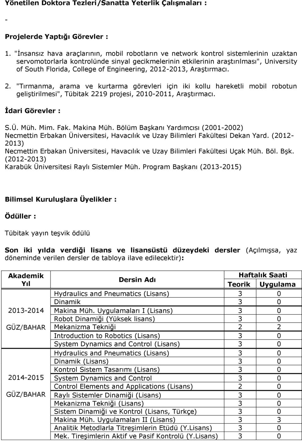 College of Engineering, 2012-2013, Araştırmacı. 2. "Tırmanma, arama ve kurtarma görevleri için iki kollu hareketli mobil robotun geliştirilmesi", Tübitak 2219 projesi, 2010-2011, Araştırmacı.