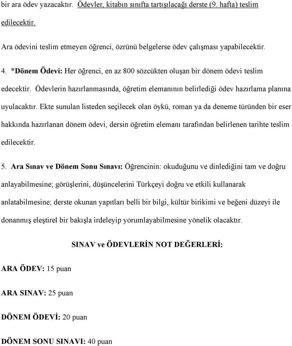 Ekte sunulan listeden seçilecek olan öykü, roman ya da deneme türünden bir eser hakkında hazırlanan dönem ödevi, dersin öğretim elemanı tarafından belirlenen tarihte teslim edilecektir. 5.