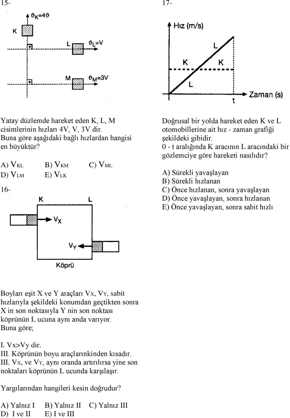 A) Sürekli yavaşlayan B) Sürekli hızlanan C) Önce hızlanan, sonra yavaşlayan D) Önce yavaşlayan, sonra hızlanan E) Önce yavaşlayan, sonra sabit hızlı Boyları eşit X ve Y araçları X, Y, sabit