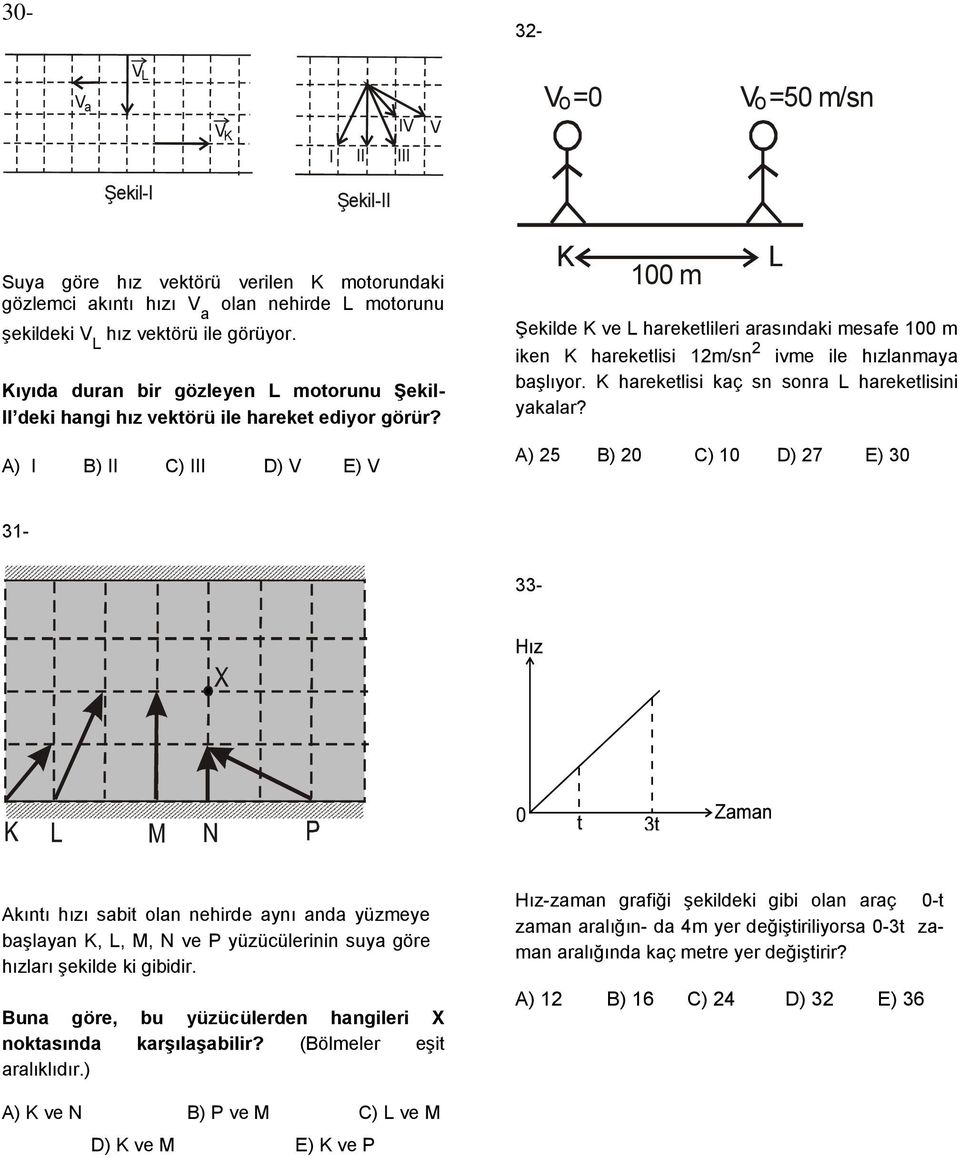 A) I B) II C) III D) E) 100 m Şekilde ve hareketlileri arasındaki mesafe 100 m iken hareketlisi 12m/sn 2 ivme ile hızlanmaya başlıyor. hareketlisi kaç sn sonra hareketlisini yakalar?