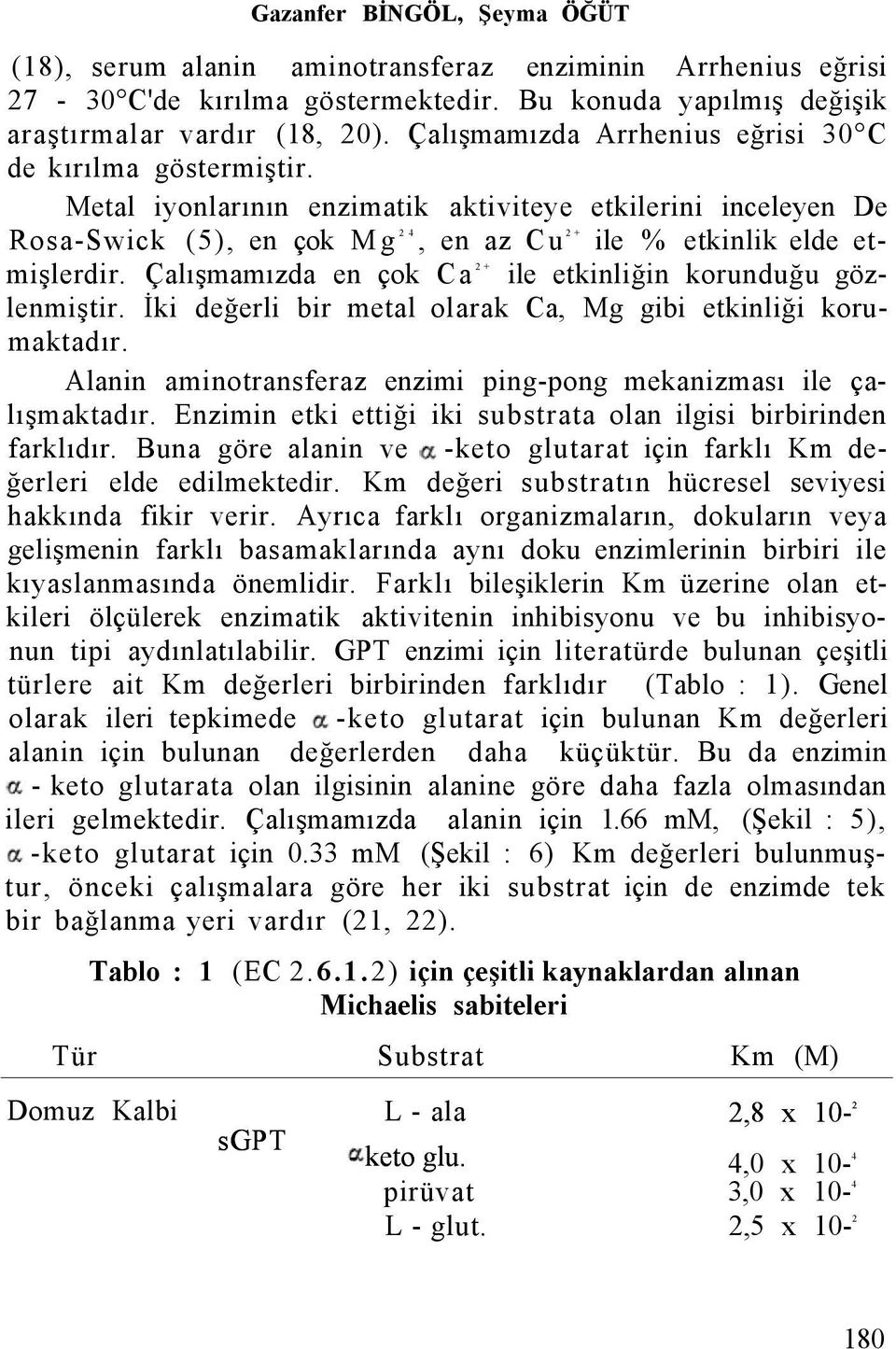 Çalışmamızda en çok Ca 2+ ile etkinliğin korunduğu gözlenmiştir. İki değerli bir metal olarak Ca, Mg gibi etkinliği korumaktadır. Alanin aminotransferaz enzimi ping-pong mekanizması ile çalışmaktadır.