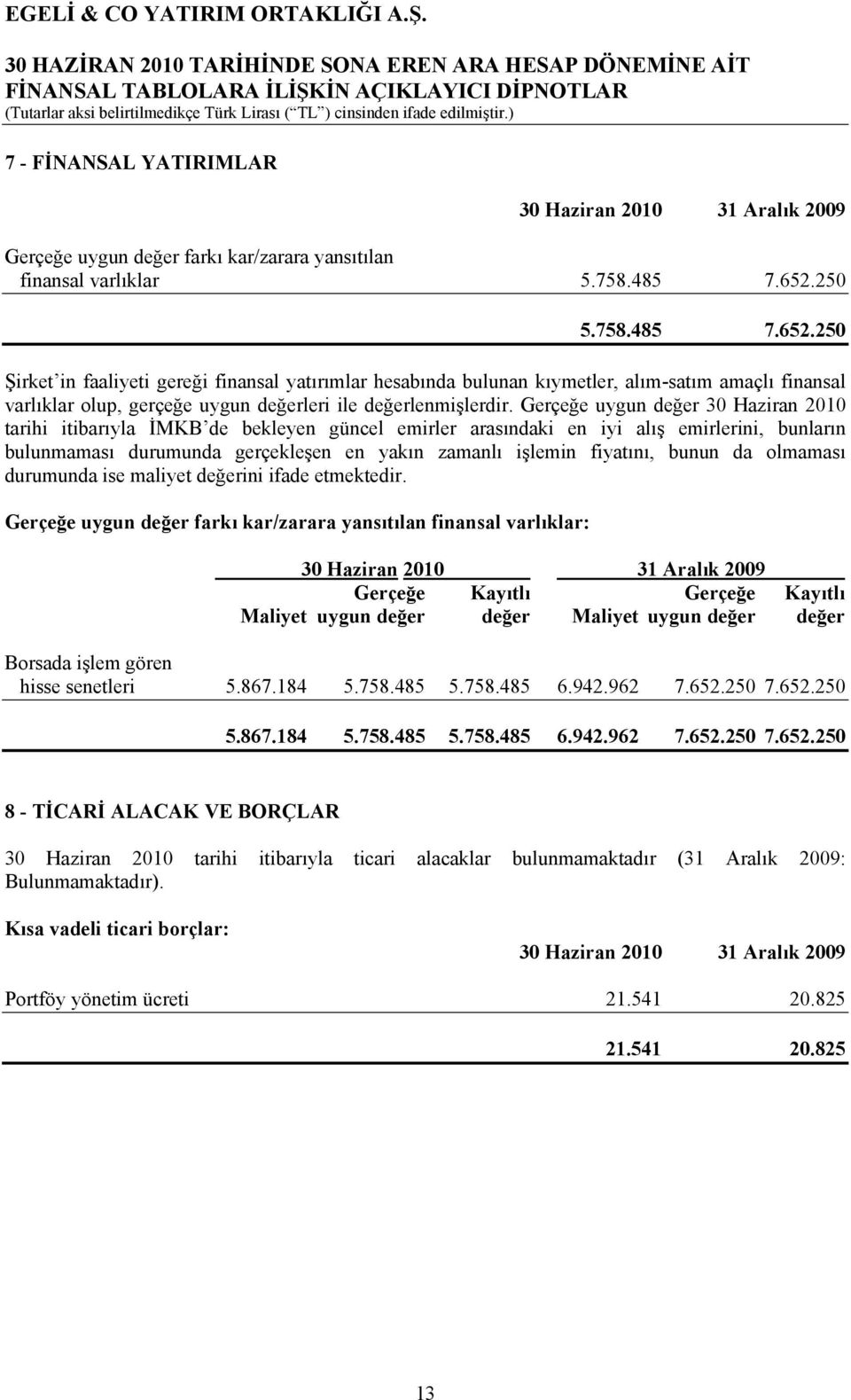 Gerçeğe uygun değer 30 Haziran 2010 tarihi itibarıyla İMKB de bekleyen güncel emirler arasındaki en iyi alış emirlerini, bunların bulunmaması durumunda gerçekleşen en yakın zamanlı işlemin fiyatını,