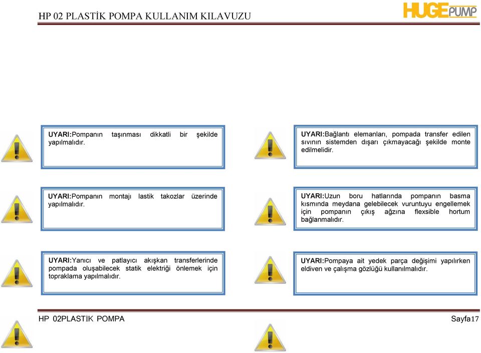 UYARI:Pompanın montajı lastik takozlar üzerinde yapılmalıdır.