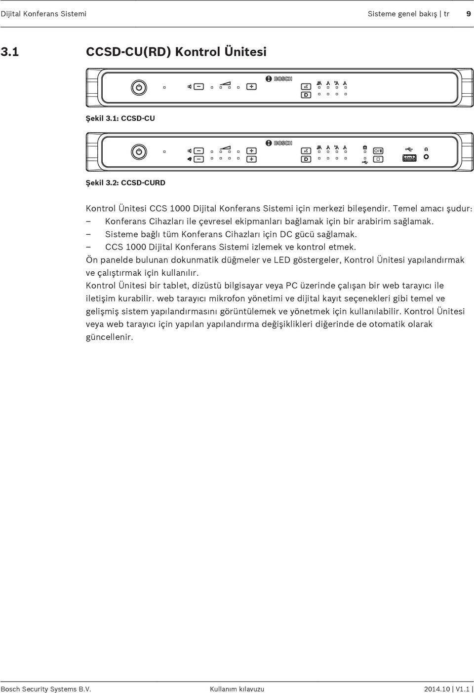 CCS 1000 Dijital Konferans Sistemi izlemek ve kontrol etmek. Ön panelde bulunan dokunmatik düğmeler ve LED göstergeler, Kontrol Ünitesi yapılandırmak ve çalıştırmak için kullanılır.