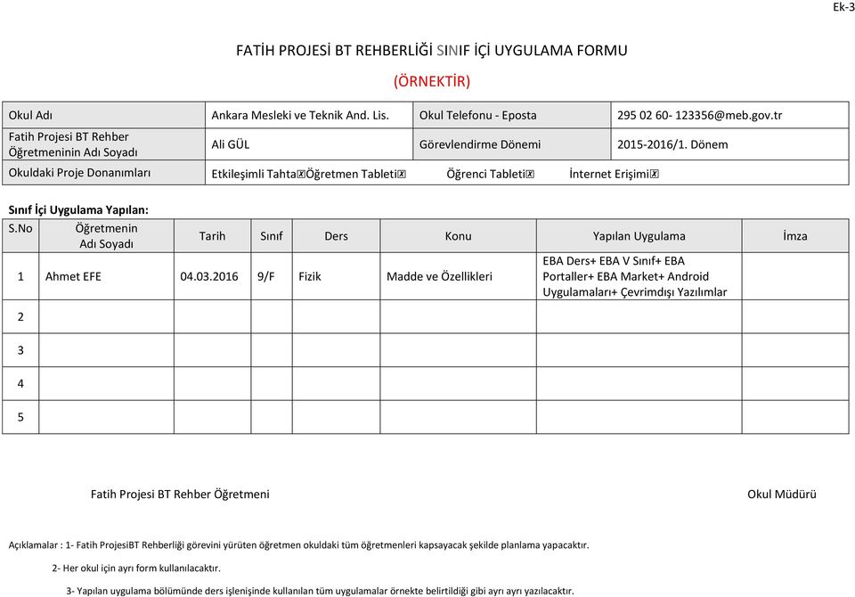 Dönem Okuldaki Proje Donanımları Etkileşimli Tahta Öğretmen Tableti Öğrenci Tableti İnternet Erişimi Sınıf İçi Uygulama Yapılan: S.