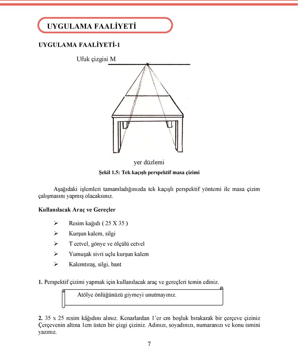 Kullanılacak Araç ve Gereçler Resim kağıdı ( 25 X 35 ) Kurşun kalem, silgi T cetvel, gönye ve ölçülü cetvel Yumuşak sivri uçlu kurşun kalem Kalemtıraş, silgi, bant 1.