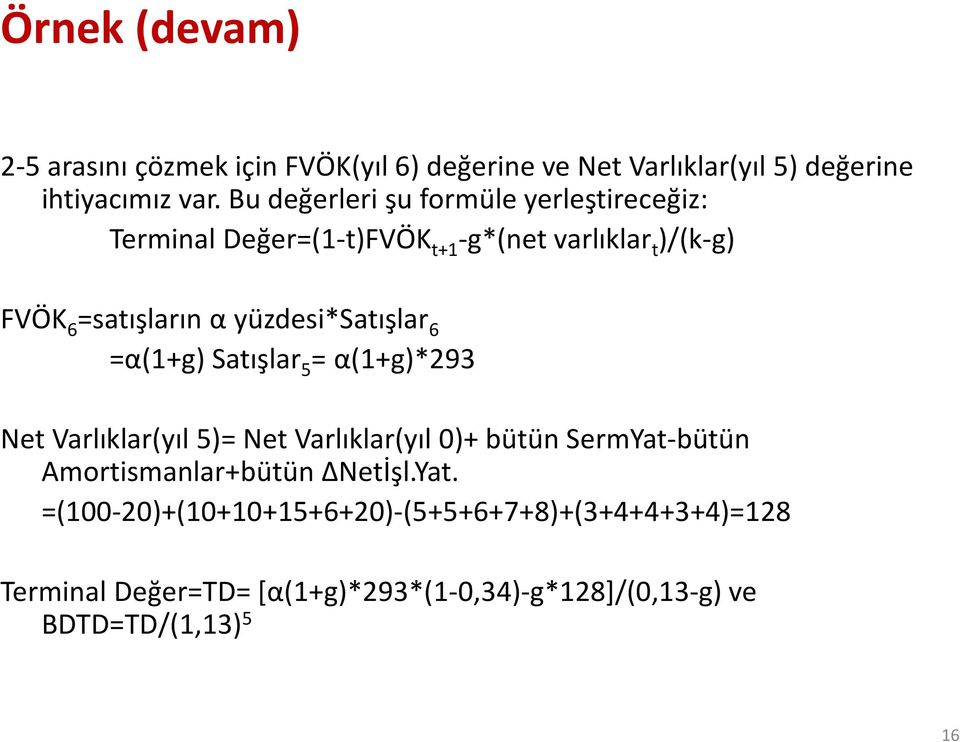 yüzdesi*satışlar 6 =α(1+g) Satışlar 5 = α(1+g)*293 Net Varlıklar(yıl 5)= Net Varlıklar(yıl 0)+ bütün SermYat-bütün