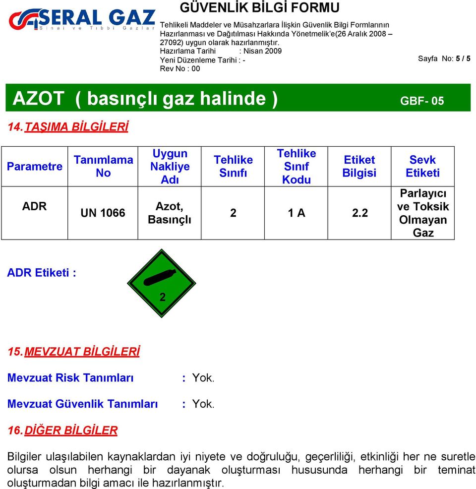 2 Sevk Etiketi Parlayıcı ve Toksik Olmayan Gaz ADR Etiketi : 2 15. MEVZUAT BİLGİLERİ Mevzuat Risk Tanımları Mevzuat Güvenlik Tanımları : Yok.