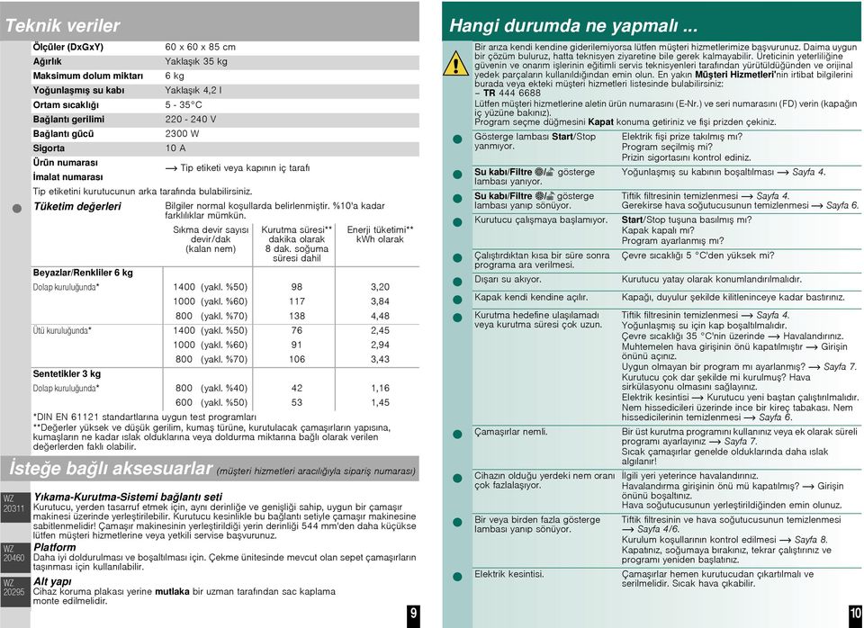 Tüketim deerleri Beyazlar/Renkliler 6 kg Bilgiler normal koullarda belirlenmitir. %10'a kadar farklılıklar mümkün. Sıkma devir sayısı devir/dak (kalan nem) Kurutma süresi** dakika olarak 8 dak.