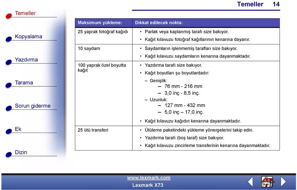 100 yaprak özel boyutta kağıt tarafı size bakıyor. Kağıt boyutları şu boyutlardadır: Genişlik: ± 76 mm - 216 mm ± 3,0 inç - 8,5 inç.