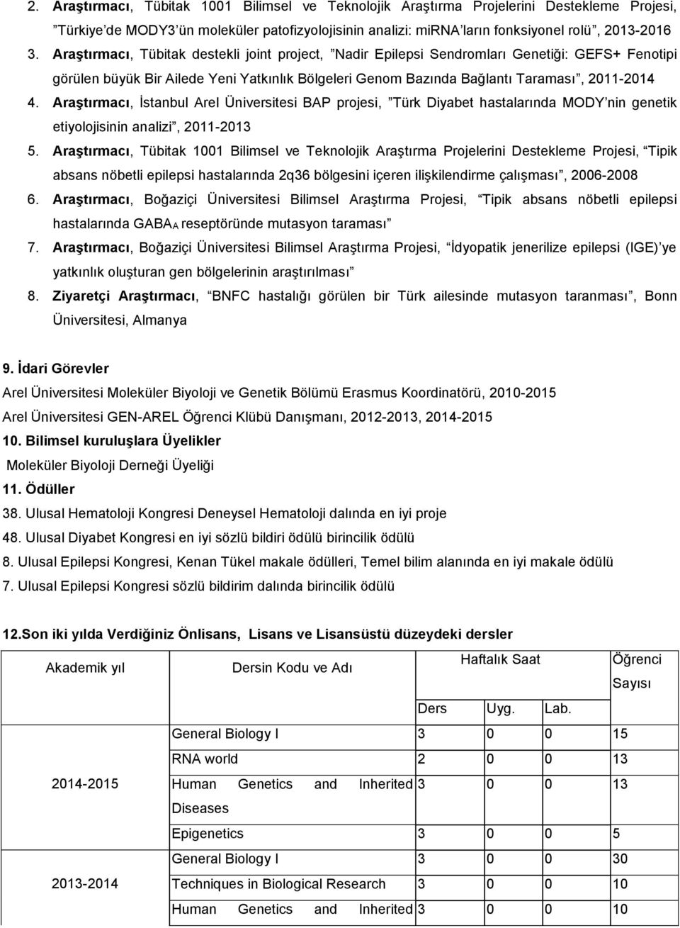 Araştırmacı, İstanbul Arel Üniversitesi BAP projesi, Türk Diyabet hastalarında MODY nin genetik etiyolojisinin analizi, 2011-2013 5.