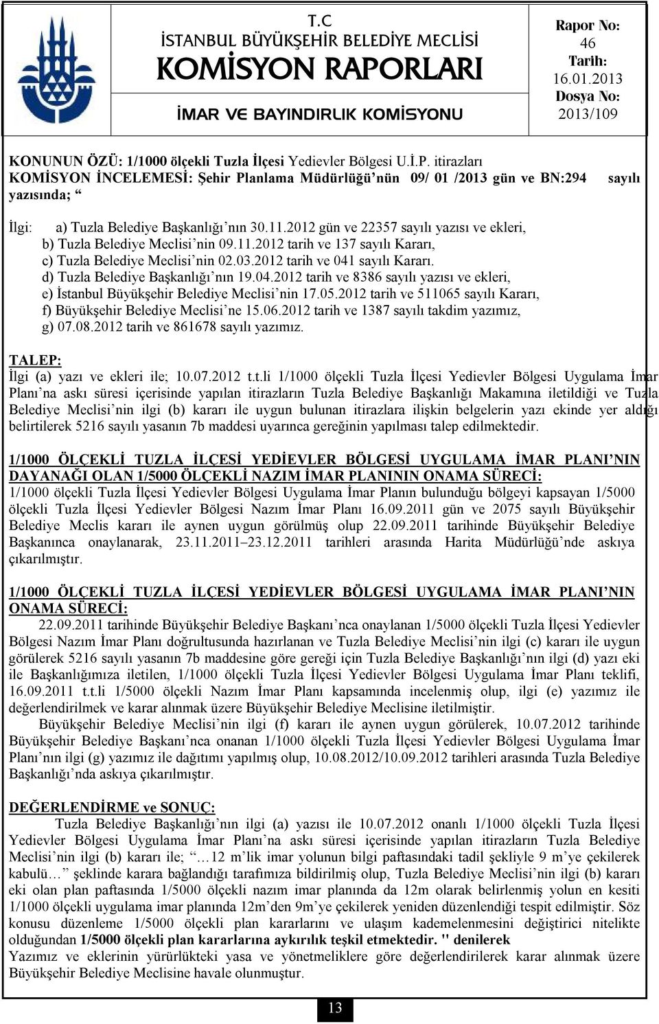 itirazları KOMİSYON İNCELEMESİ: Şehir Planlama Müdürlüğü nün 09/ 01 /2013 gün ve BN:294 yazısında; sayılı İlgi: a) Tuzla Belediye Başkanlığı nın 30.11.