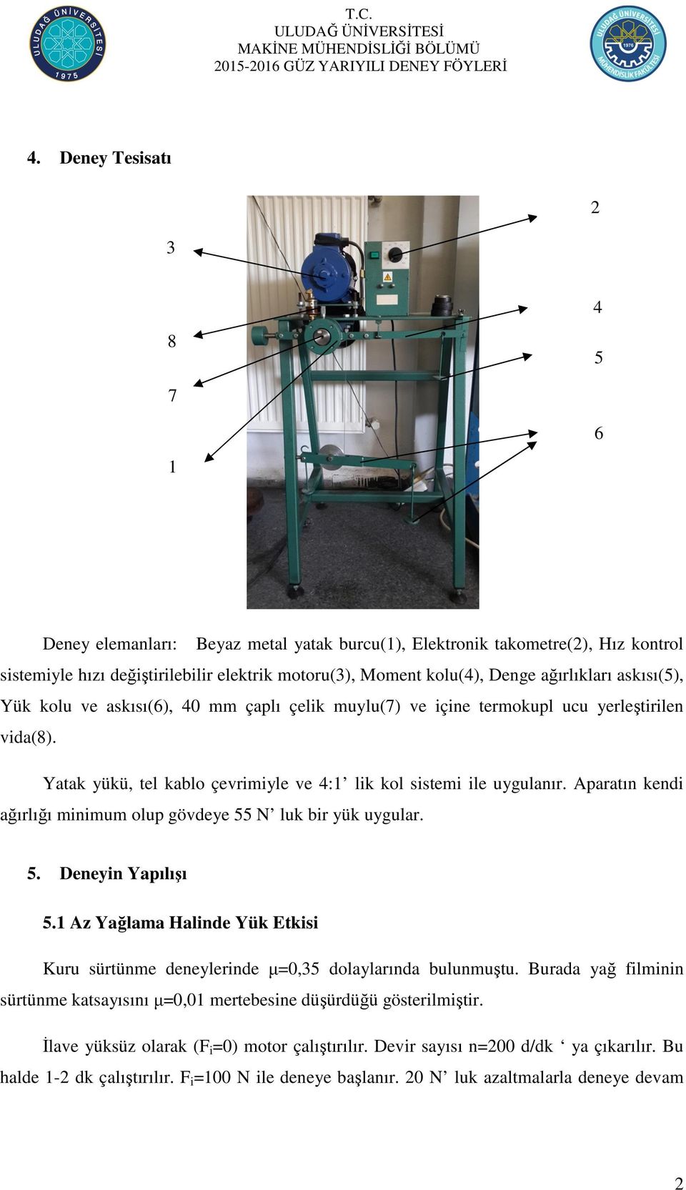 Aparatın kendi ağırlığı minimum olup gövdeye 55 N luk bir yük uygular. 5. Deneyin Yapılışı 5.1 Az Yağlama Halinde Yük Etkisi Kuru sürtünme deneylerinde μ=0,35 dolaylarında bulunmuştu.