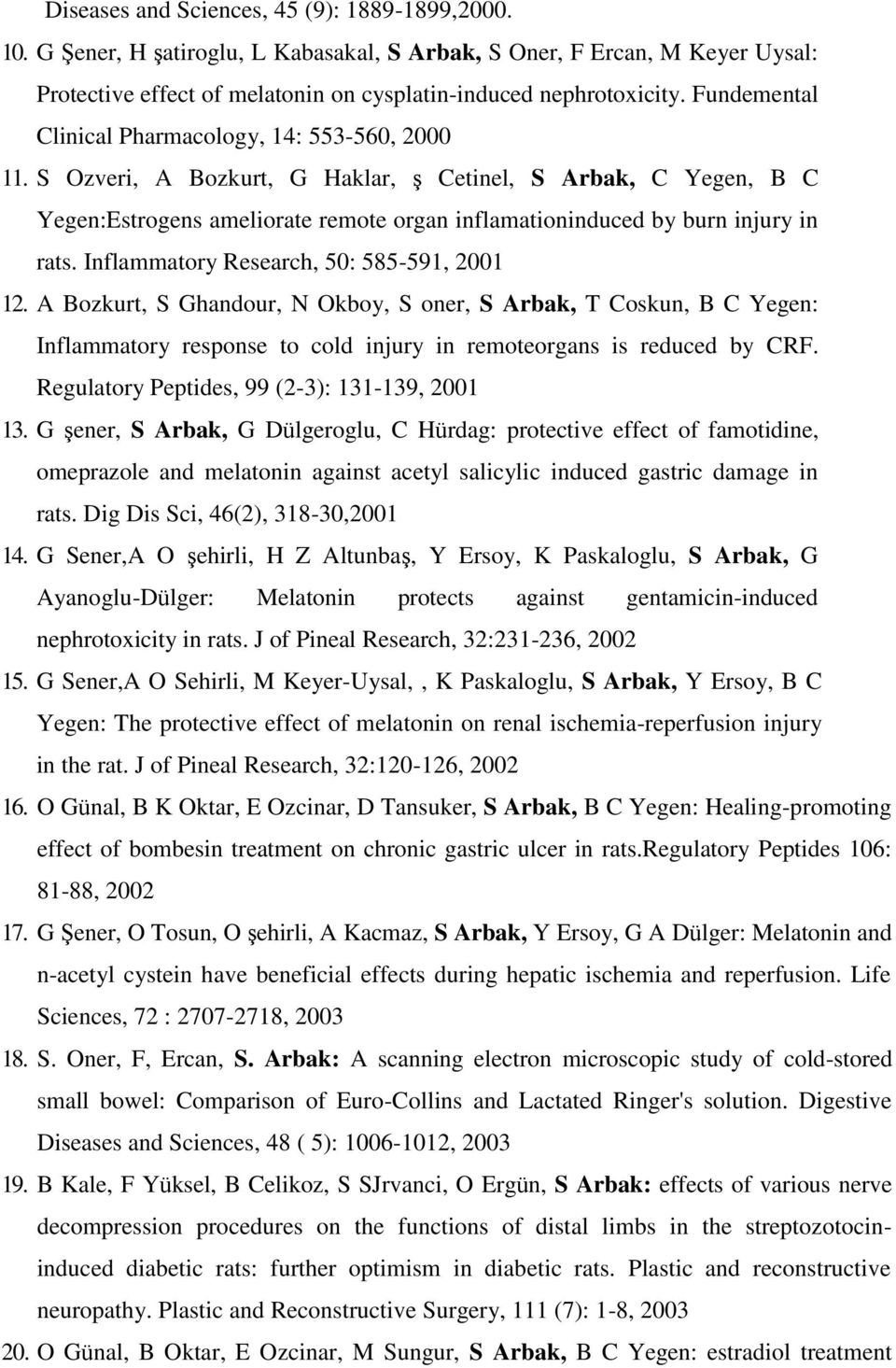 S Ozveri, A Bozkurt, G Haklar, ş Cetinel, S Arbak, C Yegen, B C Yegen:Estrogens ameliorate remote organ inflamationinduced by burn injury in rats. Inflammatory Research, 50: 585-591, 2001 12.