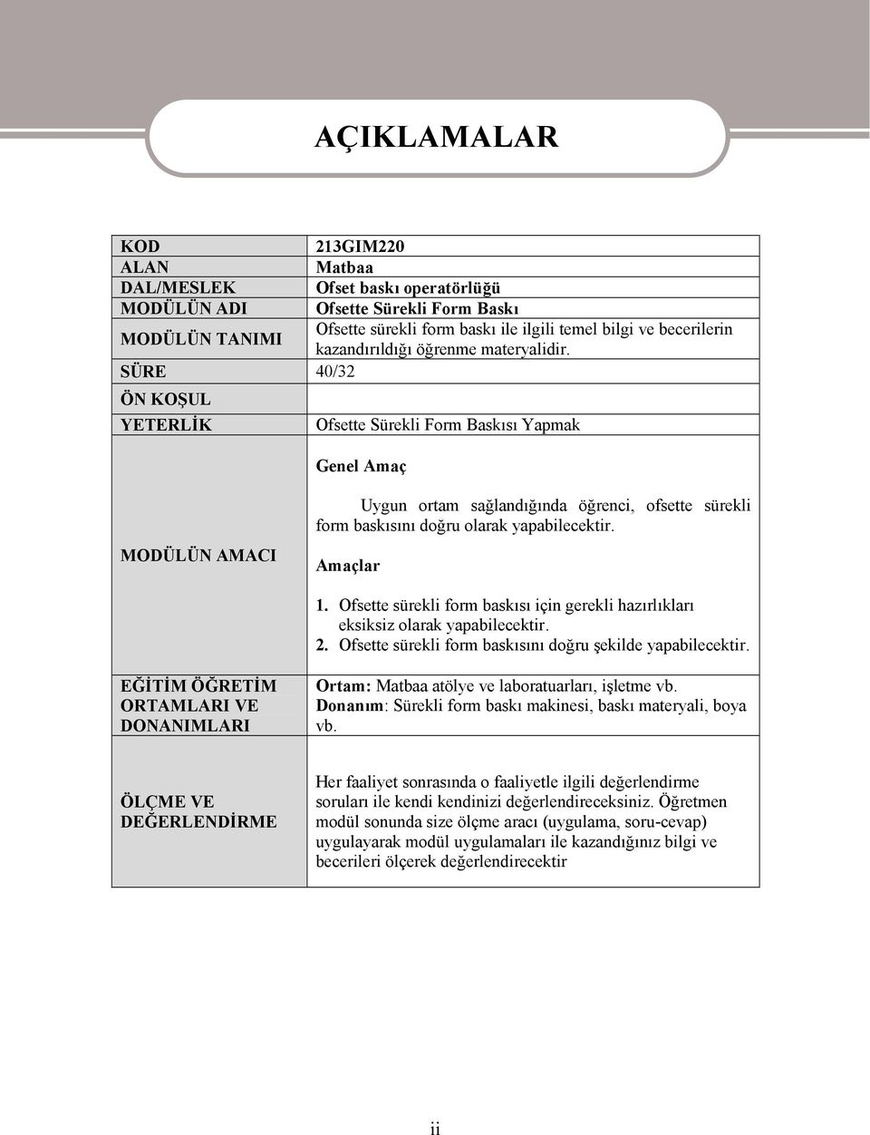 SÜRE 40/32 ÖN KOŞUL YETERLİK AÇIKLAMALAR Ofsette Sürekli Form Baskısı Yapmak Genel Amaç MODÜLÜN AMACI Uygun ortam sağlandığında öğrenci, ofsette sürekli form baskısını doğru olarak yapabilecektir.