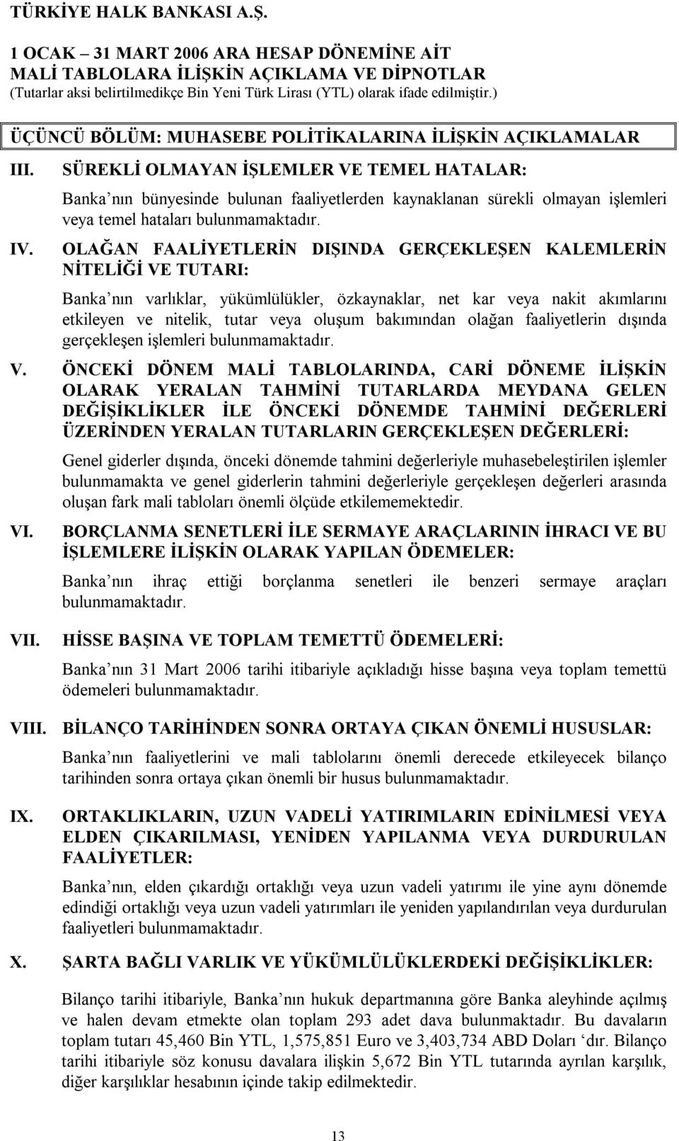 OLAĞAN FAALİYETLERİN DIŞINDA GERÇEKLEŞEN KALEMLERİN NİTELİĞİ VE TUTARI: Banka nın varlıklar, yükümlülükler, özkaynaklar, net kar veya nakit akımlarını etkileyen ve nitelik, tutar veya oluşum