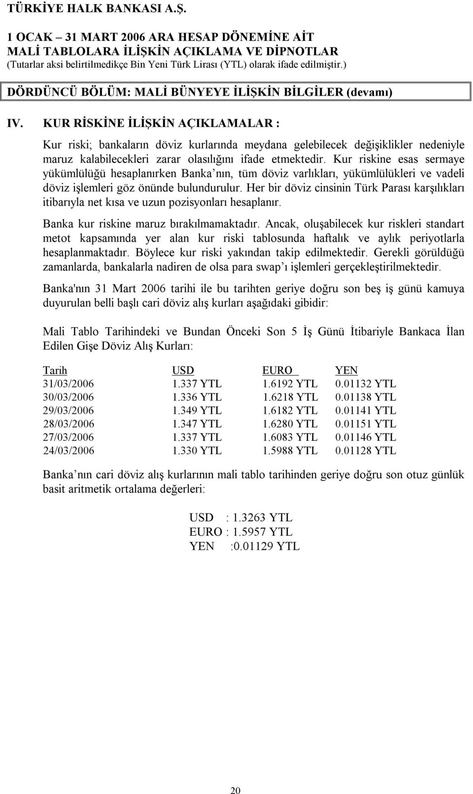 Kur riskine esas sermaye yükümlülüğü hesaplanırken Banka nın, tüm döviz varlıkları, yükümlülükleri ve vadeli döviz işlemleri göz önünde bulundurulur.