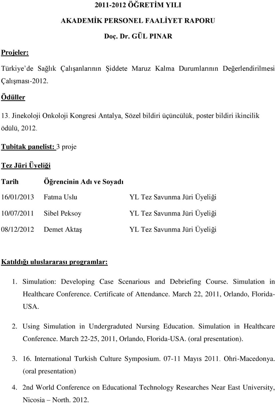 Tubitak panelist: 3 proje Tez Jüri Üyeliği Tarih Öğrencinin Adı ve SoyadıSınav Adı 16/01/2013 Fatma Uslu YL Tez Savunma Jüri Üyeliği 10/07/2011 Sibel Peksoy YL Tez Savunma Jüri Üyeliği 08/12/2012