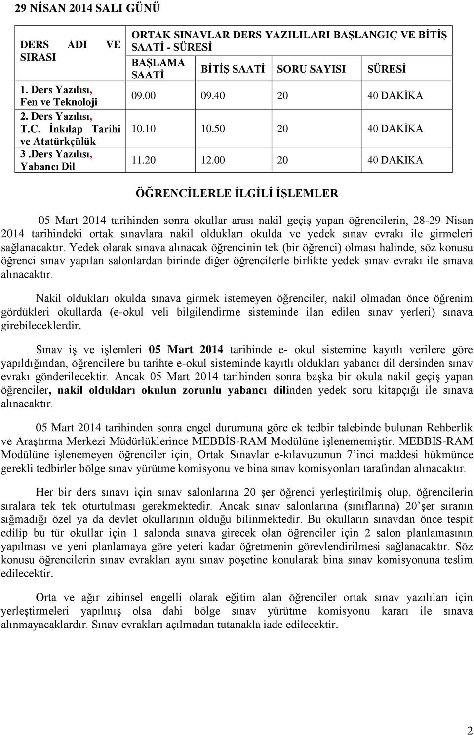 00 20 40 DAKİKA ÖĞRENCİLERLE İLGİLİ İŞLEMLER 05 Mart 2014 tarihinden sonra okullar arası nakil geçiş yapan öğrencilerin, 28-29 Nisan 2014 tarihindeki ortak sınavlara nakil oldukları okulda ve yedek