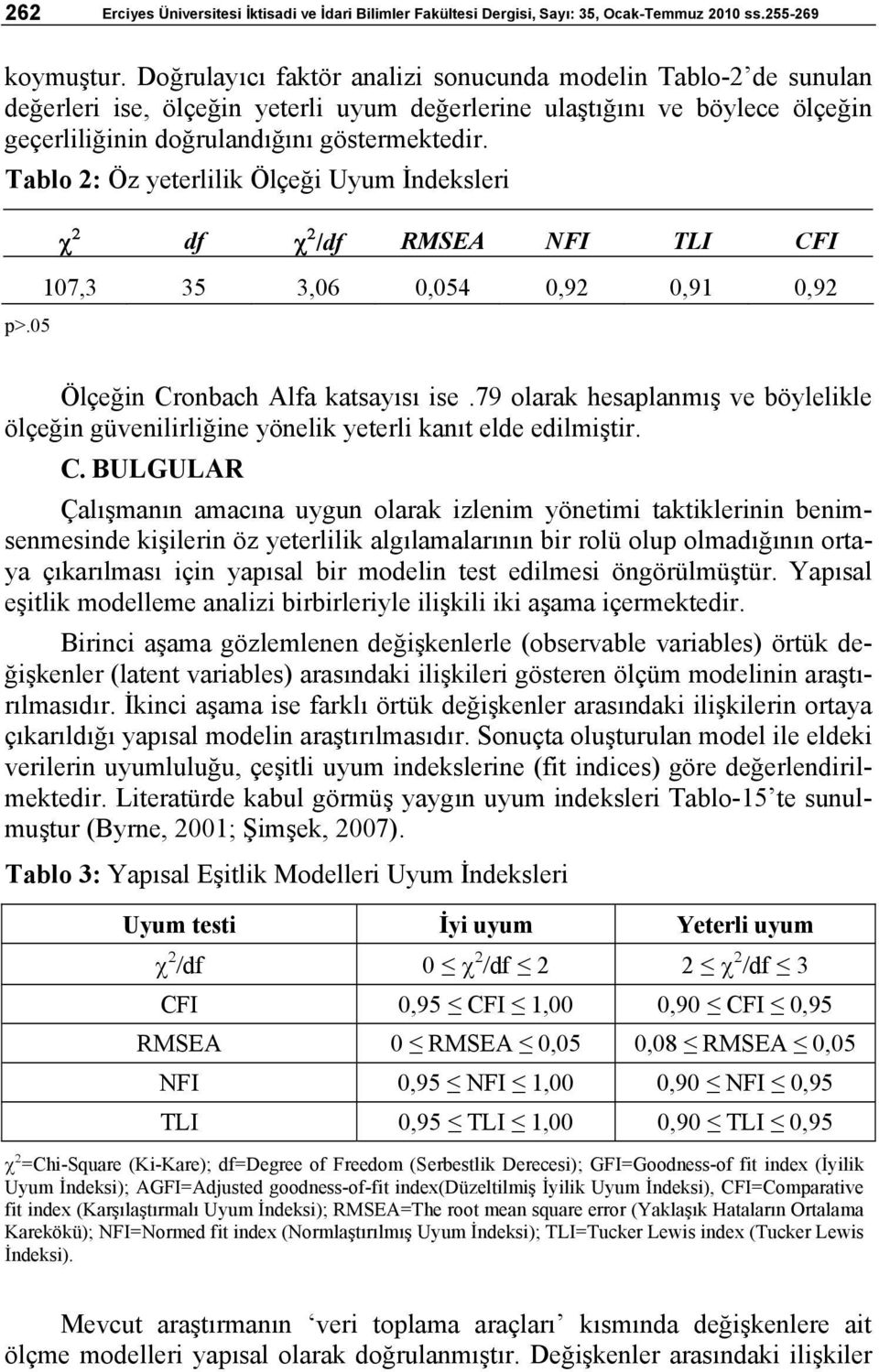 Tablo 2: Öz yeterlilik Ölçeği Uyum İndeksleri p>.05 χ 2 df χ 2 /df RMSEA NFI TLI CFI 107,3 35 3,06 0,054 0,92 0,91 0,92 Ölçeğin Cronbach Alfa katsayısı ise.