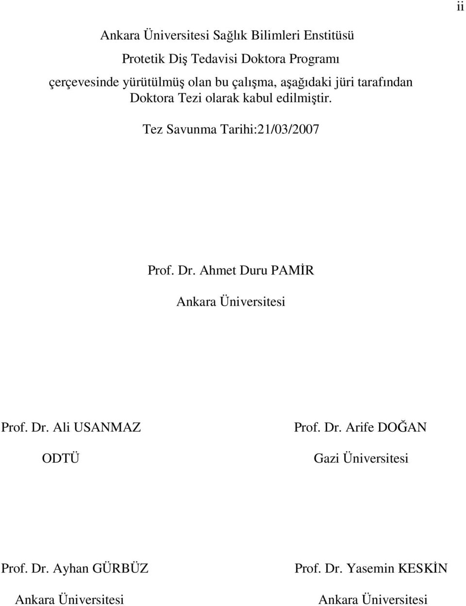 Tez Savunma Tarihi:21/03/2007 Prof. Dr. Ahmet Duru PAMİR Ankara Üniversitesi Prof. Dr. Ali USANMAZ ODTÜ Prof.