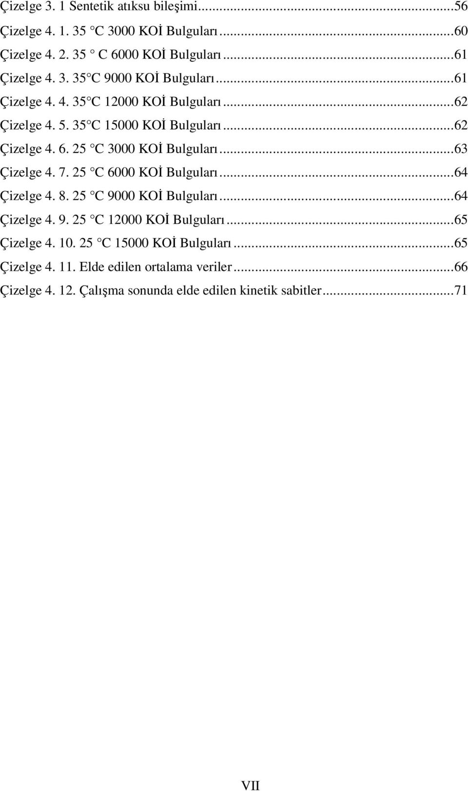25 C 6000 KOİ Bulguları...64 Çizelge 4. 8. 25 C 9000 KOİ Bulguları...64 Çizelge 4. 9. 25 C 12000 KOİ Bulguları...65 Çizelge 4. 10.