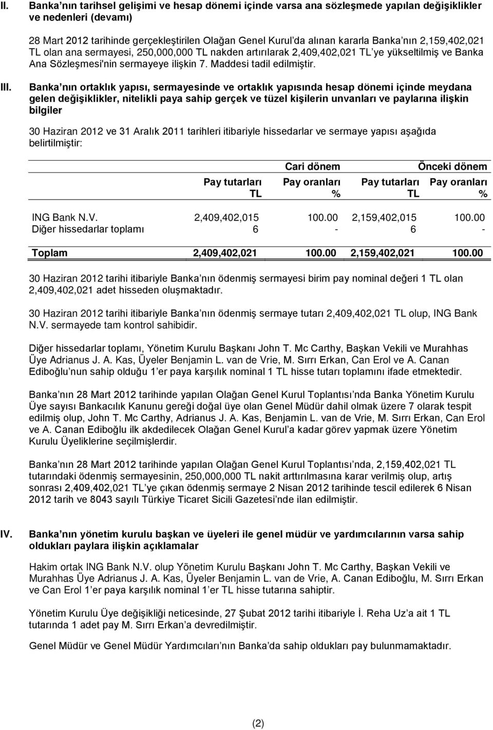 Banka nın ortaklık yapısı, sermayesinde ve ortaklık yapısında hesap i içinde meydana gelen değişiklikler, nitelikli paya sahip gerçek ve tüzel kişilerin unvanları ve paylarına ilişkin bilgiler 30