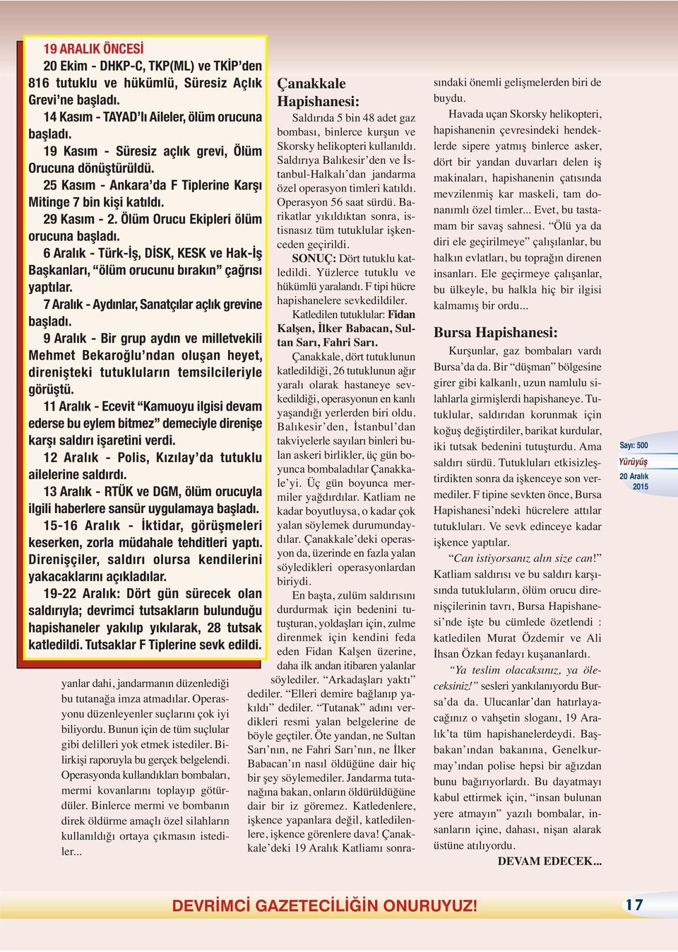 6 Aralık - Türk-İş, DİSK, KESK ve Hak-İş Başkanları, ölüm orucunu bırakın çağrısı yaptılar. 7 Aralık - Aydınlar, Sanatçılar açlık grevine başladı.