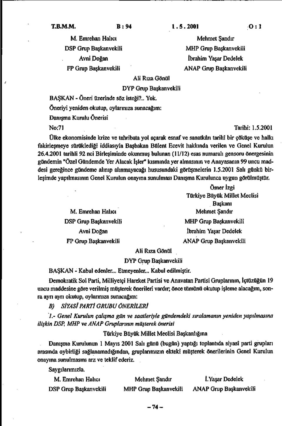 21 Ülke ekonomisinde krize ve tahribata yol açarak esnaf ve sanatkârı tarihî bir çöküşe ve halkı fakirleşmeye sürüklediği iddiasıyla Başbakan Bülent Ecevit hakkında verilen ve Genel Kurulun 26.4.