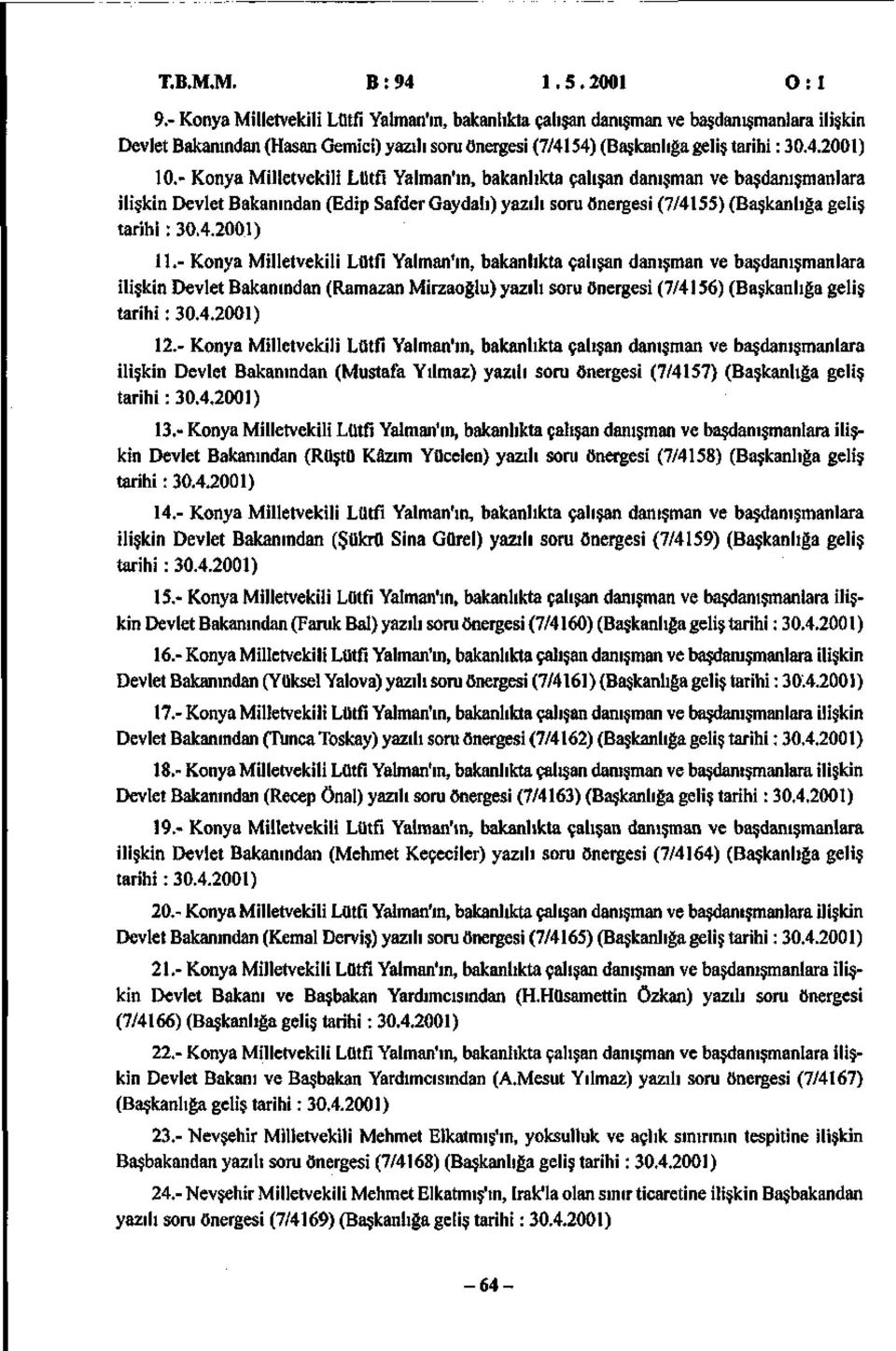 - Konya Milletvekili Lütfi Yalman'ın, bakanlıkta çalışan danışman ve başdanışmanlara ilişkin Devlet Bakanından (Edip Safder Gaydalı) yazılı soru önergesi (7/4155) (Başkanlığa geliş tarihi: 3.4.21) 11.