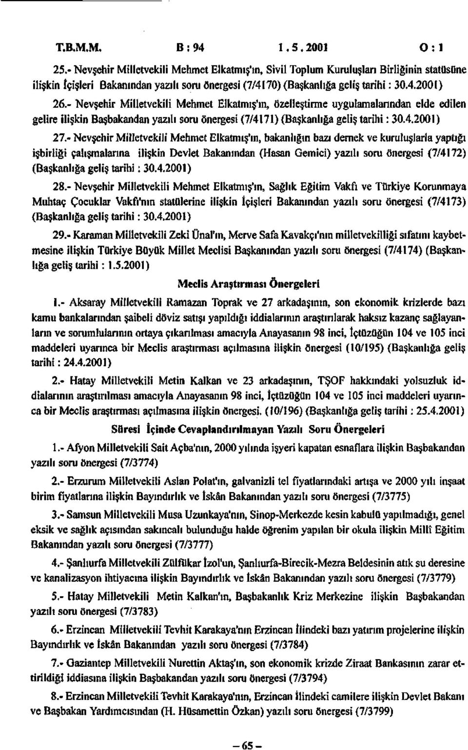 - Nevşehir Milletvekili Mehmet Elkatmış'ın, özelleştirme uygulamalarından elde edilen gelire ilişkin Başbakandan yazılı soru önergesi (7/4171) (Başkanlığa geliş tarihi: 3.4.21) 27.