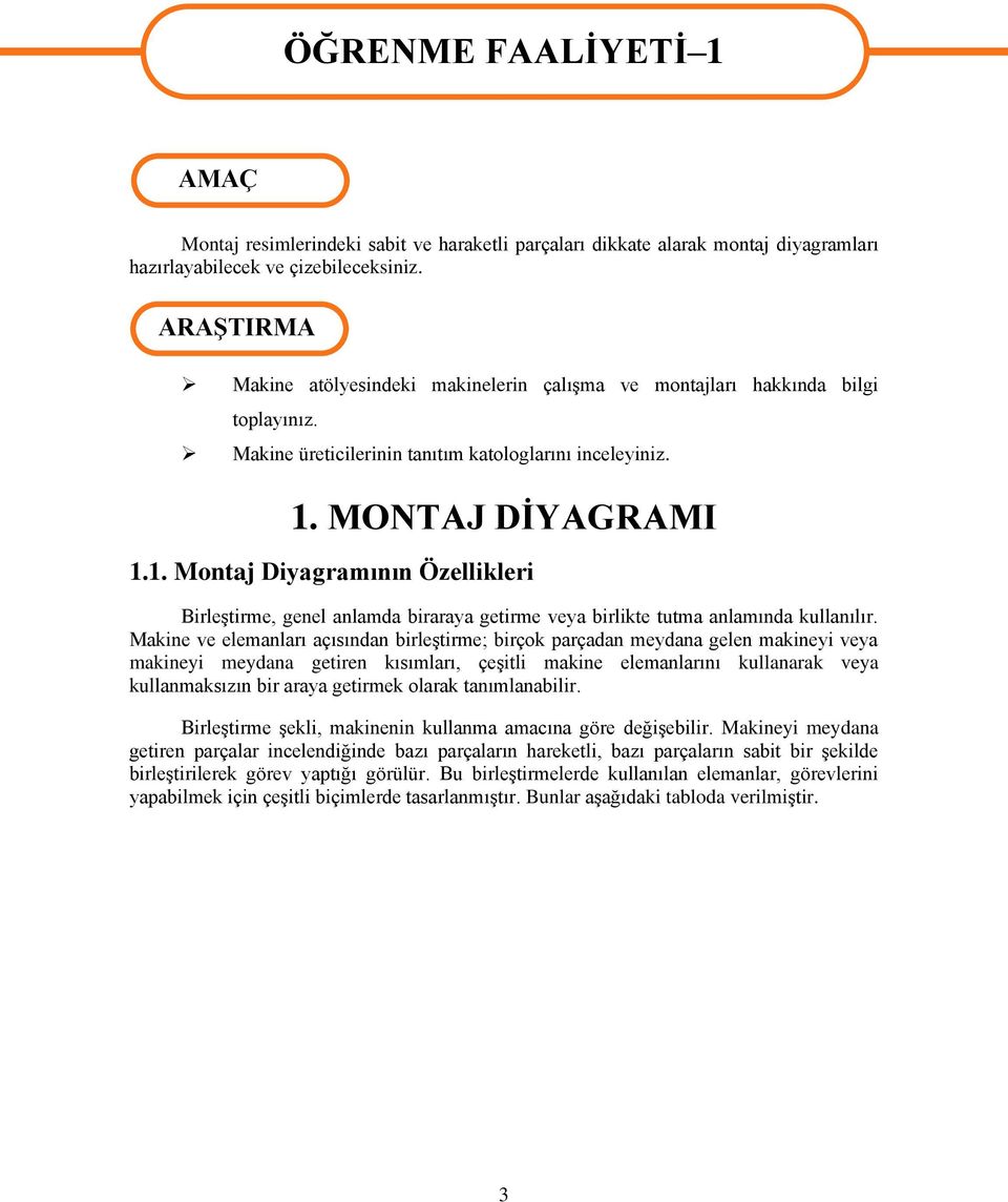 MONTAJ DĠYAGRAMI 1.1. Montaj Diyagramının Özellikleri BirleĢtirme, genel anlamda biraraya getirme veya birlikte tutma anlamında kullanılır.