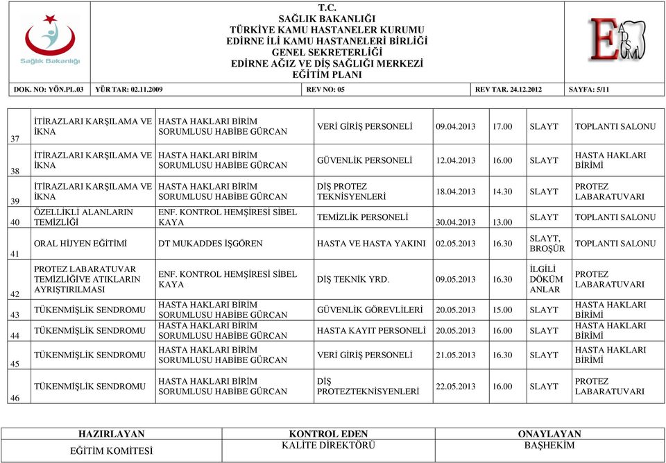 2013 17.00 SLAYT GÜVENLİK PERSONELİ 12.04.2013 16.00 SLAYT DİŞ TEMİZLİK PERSONELİ 18.04.2013 14.30 SLAYT 30.04.2013 13.