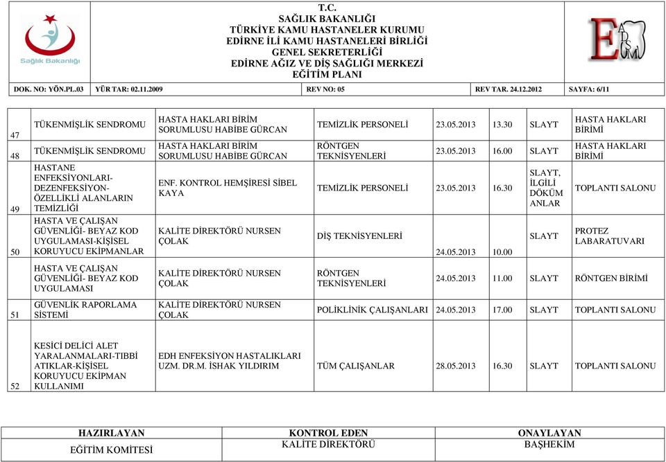 PERSONELİ 23.05.2013 13.30 SLAYT 23.05.2013 16.00 SLAYT TEMİZLİK PERSONELİ 23.05.2013 16.30 DİŞ 24.05.2013 10.