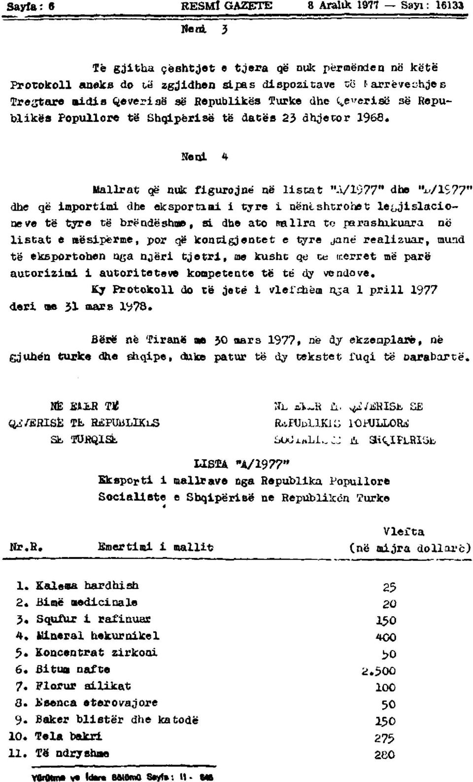 ^e^erisö se Republikés Popullore te Shqipérise té dates 23 dhjetor 1968. No ni 4 Mallrat qe nuk figurojné aé liscat "A/1577" dhe "iv1977" dhe qe importimi dhe elcsporta.