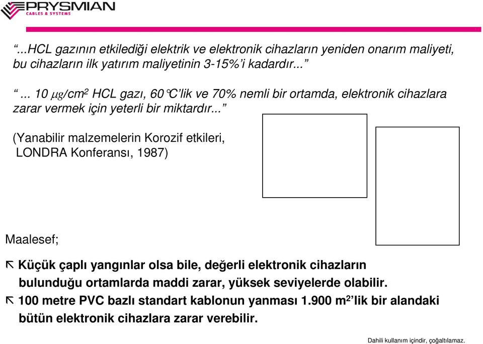 .. (Yanabilir malzemelerin Korozif etkileri, LONDRA Konferansı, 1987) Maalesef; Küçük çaplı yangınlar olsa bile, değerli elektronik cihazların