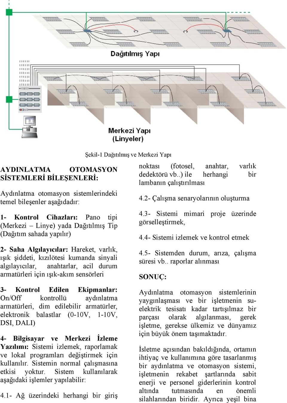 On/Off kontrollü aydınlatma armatürleri, dim edilebilir armatürler, elektronik balastlar (0-10V, 1-10V, DSI, DALI) 4- Bilgisayar ve Merkezi İzleme Yazılımı: Sistemi izlemek, raporlamak ve lokal