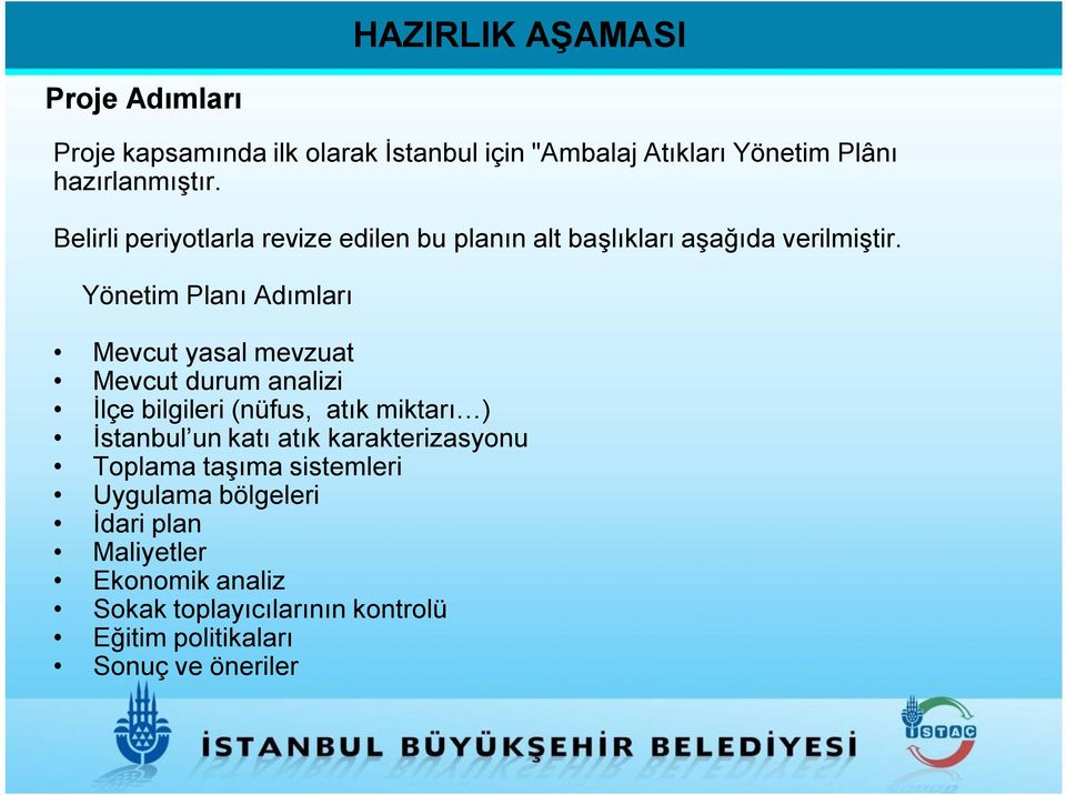 Yönetim Planı Adımları Mevcut yasal mevzuat Mevcut durum analizi İlçe bilgileri (nüfus, atık miktarı ) İstanbul un katı atık