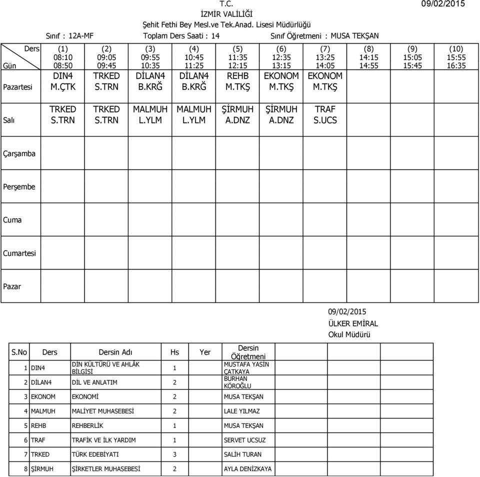 UCS DIN4 DİN KÜLTÜRÜ VE AHLÂK 2 DİLAN4 DİL VE ANLATIM 2 BURHAN KÖROĞLU 3 EKONOM EKONOMİ 2 MUSA TEKŞAN 4 MALMUH MALİYET MUHASEBESİ 2