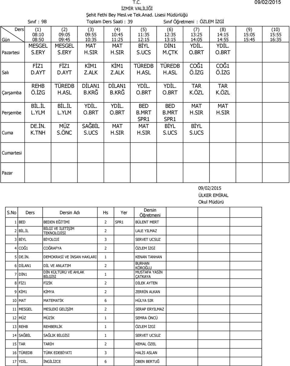 MRT B.MRT H.SIR H.SIR SPR SPR DE.İN. MÜZ SAĞBİL MAT MAT BİYL BİYL K.TNH S.ÖNC S.UCS H.SIR H.SIR S.UCS S.UCS BED BEDEN EĞİTİMİ 2 SPR BÜLENT MERT 2 BİL.