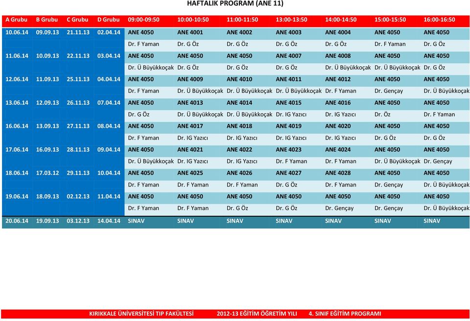 Ü Büyükkoçak Dr. G Öz Dr. G Öz Dr. G Öz Dr. Ü Büyükkoçak Dr. Ü Büyükkoçak Dr. G Öz 12.06.14 11.09.13 25.11.13 04.04.14 ANE 4050 ANE 4009 ANE 4010 ANE 4011 ANE 4012 ANE 4050 ANE 4050 Dr. F Yaman Dr.